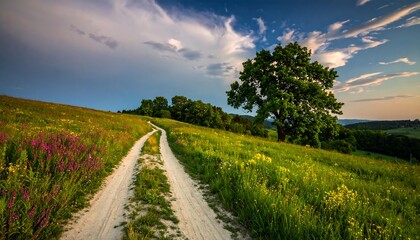 Obraz premium A scenic dirt road winds through a vibrant meadow, bordered by wildflowers and lush greenery under a dramatic sky.