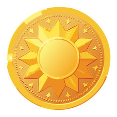 Visual Illustration Game coin, a shiny gold medallion with an embossed sun symbol, ancient mythical sun-themed currency.