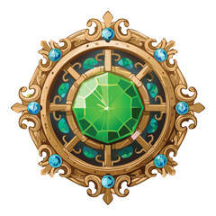 Intricate round wooden frame with a brilliant green emerald, elegant golden and silver details, medieval fantasy object.
