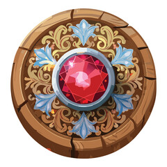 Symmetrical round wooden frame with a brilliant ruby, adorned with elegant leaves, fantasy game asset.

