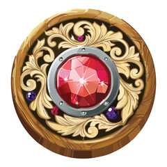 Ornate wooden frame with a sparkling ruby, surrounded by intricate floral and vine patterns, fantasy art.