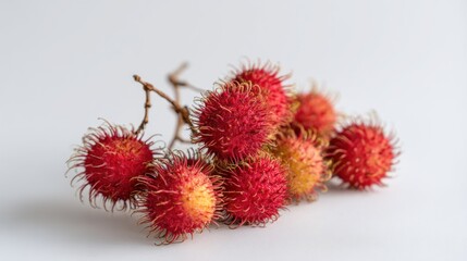 Vibrant cluster of rambutan fruits against a pristine white backdrop
