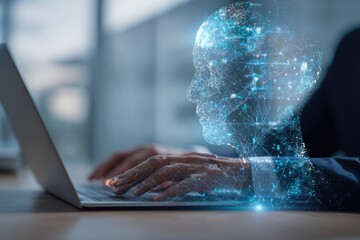 AI worker, hands typing on laptop, digital overlay