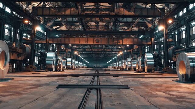 Industrial facility with steel coils arranged in rows and dim lighting showcasing manufacturing processes