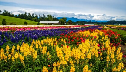 Fototapeta premium A vibrant landscape showcasing a colorful field of flowers arranged in stripes of various hues, stretching to a distant mountain range under a partly cloudy sky.