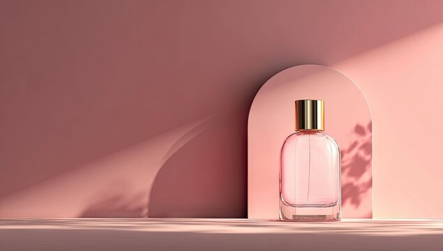 Pink perfume bottle in a minimalist setting