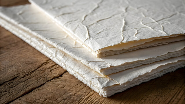 Stack of textured off white paper sheets with rough torn edges on a wooden surface image - Powered by Adobe