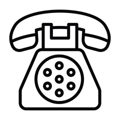 A black outline drawing of a classic rotary phone featuring the receiver atop the base with numbered dial. Editable stroke. Vector illustration