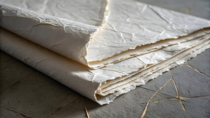Stacked textured off white paper sheets with torn edges and soft shadows on grey surface