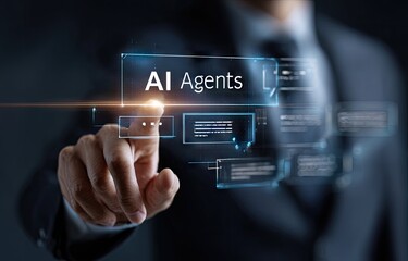 A person's finger touches a holographic display featuring the text "AI Agents