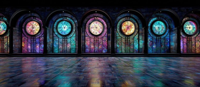 Empty Hall with Colorful Stained Glass Clocks