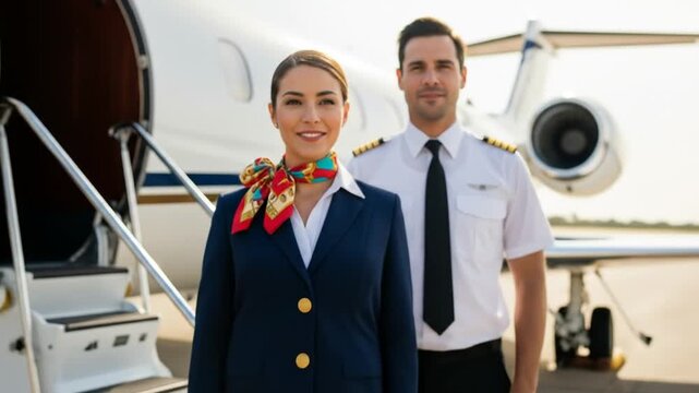 Smiling Stewardess and Pilot by Private Jet, Ready for Flight