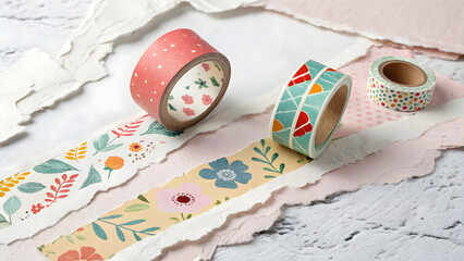Three decorative washi tape rolls with floral and geometric patterns on torn paper strips
