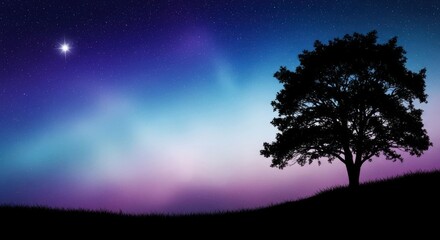A solitary tree stands silhouetted against a vibrant night sky filled with stars and a colorful aurora borealis