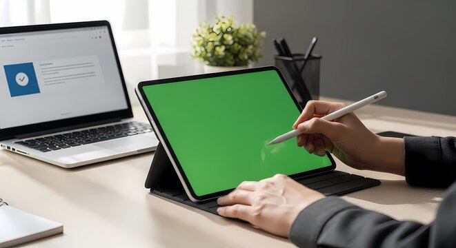 A business professional using a digital stylus on a tablet with a green screen display at an office desk with a laptop.