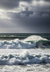 Fototapeta premium Powerful Ocean Waves Crashing Under Stormy Sky at Sea