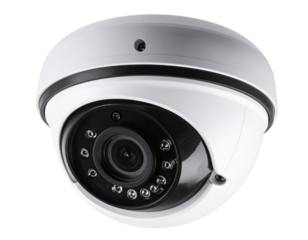  Angled Side View of White and Black Surveillance Camera Mounted, Isolated