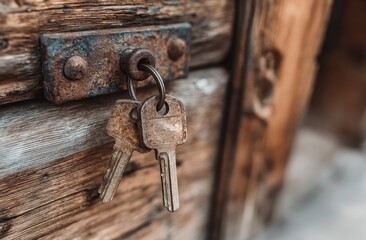 Old Keys Hanging on Weathered Door