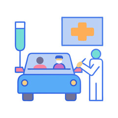 Drive-through healthcare services with car and medical personnel icon