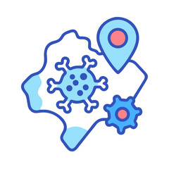Virus outbreak location pin on world map icon