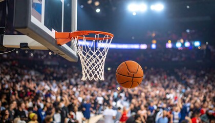 Basketball swishing through net in arena (1)