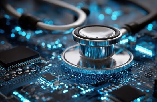 Stethoscope resting on a circuit board, glowing blue lights