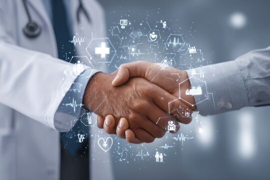 Close-up of two hands shaking, doctor in white coat, medical icons
