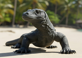 Fototapeta premium Komodo dragon on sandy beach with blurred tropical background