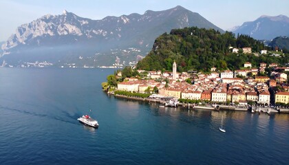 Obraz premium Aerial view of lakeside town nestled in mountains