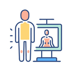 Medical scan cartoon icon depicting examination process against black