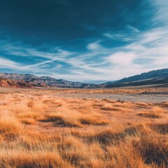 Expansive dry grassland stretches beneath a vast blue sky.