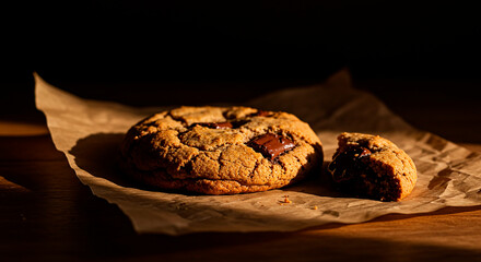 Fototapeta premium Delicious chocolate chip cookie on brown paper under a warm light