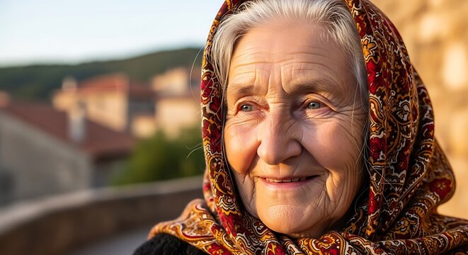 A senior woman with a radiant smile, adorned in a patterned headscarf, gazes thoughtfully into the distance, bathed in warm sunlight.