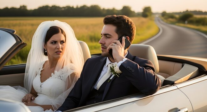 Couple fight Annoyed bride looking at her groom on a phone call in a convertible car on their wedding day, depicting a relationship conflict