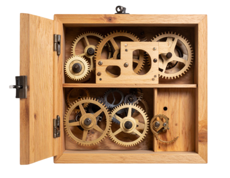 Handcrafted Wooden Clockwork Device with Open Gear Housing, Top-Down View, Transparent Background