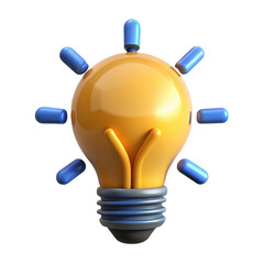 Bright yellow incandescent light bulb with radiating blue rays symbolizing innovation and new ideas isolated on transparent background