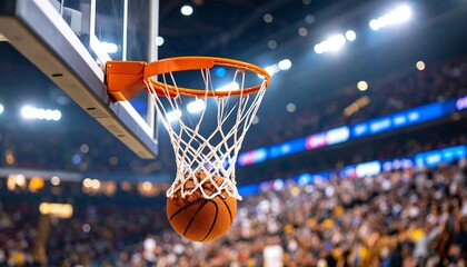 Basketball swishing through net in arena