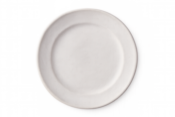 White ceramic plate sitting empty on transparent surface, offering minimalist backdrop for food styling and graphic design presentations