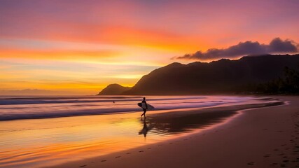 Surfer Walking on Beach at Colorful Sunset Holding Surfboard