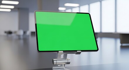 A digital tablet with a green chroma key screen on a stand, placed on a desk in a modern, blurred office interior for mockup purposes.