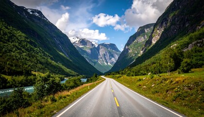 Fototapeta premium A scenic mountain road winds through a verdant valley, showcasing a picturesque landscape of lush greenery, towering peaks, and a clear blue sky.