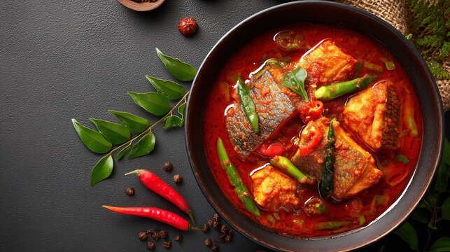 Spicy asian fish curry with vegetables in rich red sauce