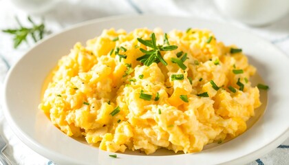 Scrumptious scrambled eggs, garnished with fresh herbs, presented on a white plate.