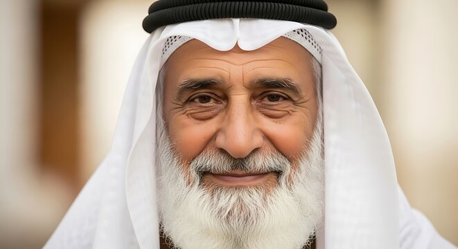 A close-up portrait of a smiling elderly man in traditional Middle Eastern attire, highlighting his kind expression and intricate facial features.