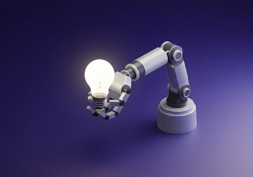 Robotic arm holding lightbulb innovation concept