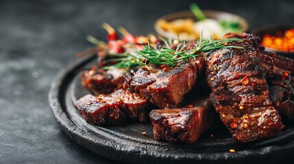 Juicy grilled beef steak with fresh herbs and spices on rustic plate