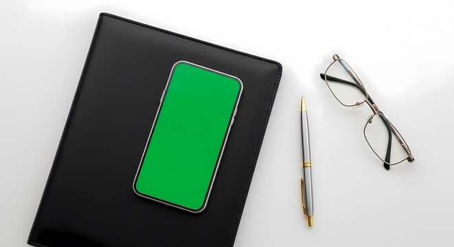Top view of a smartphone with a green screen on a black notebook, next to a pen and eyeglasses on a white desk.