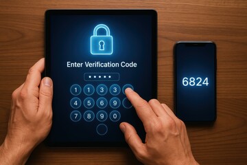 Secure Access: A close-up shot of hands entering a verification code on a tablet alongside a phone displaying a numerical code, a symbolic representation of digital security and authentication.
