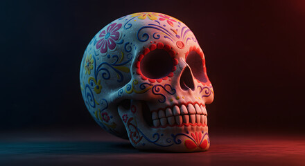 Colorful Decorated Skull for Day of the Dead Celebration with Floral Motifs and Vibrant Illumination