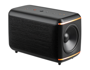 Portable Bluetooth Speaker with LED Beat Sync Lights, Angled Side View, Transparent Background